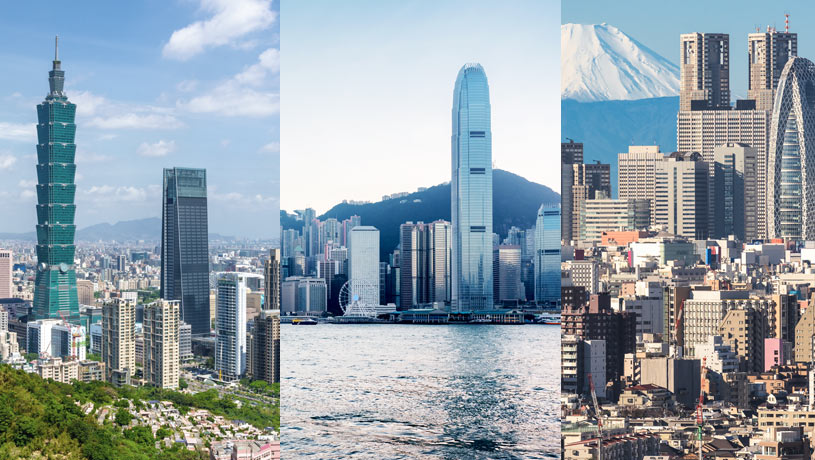 Skylines of Taipei, Hong Kong and Tokyo